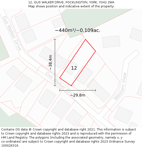 12, GUS WALKER DRIVE, POCKLINGTON, YORK, YO42 2WA: Plot and title map