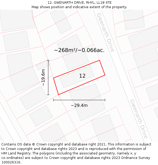 12, GWENARTH DRIVE, RHYL, LL18 4TE: Plot and title map