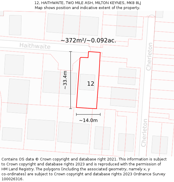 12, HAITHWAITE, TWO MILE ASH, MILTON KEYNES, MK8 8LJ: Plot and title map