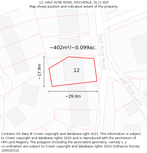 12, HALF ACRE ROAD, ROCHDALE, OL11 4DF: Plot and title map