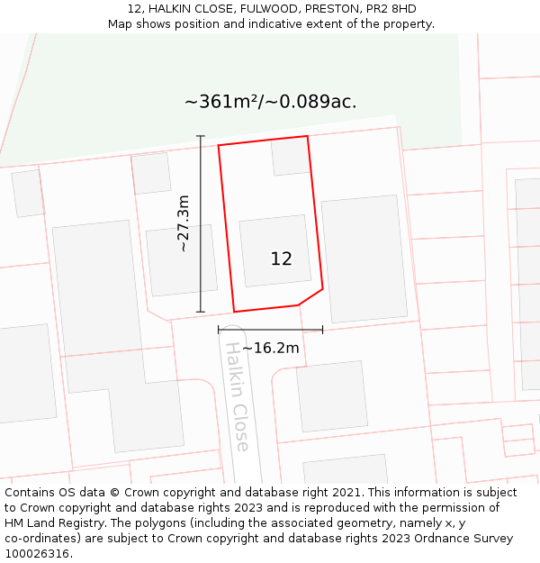 12, HALKIN CLOSE, FULWOOD, PRESTON, PR2 8HD: Plot and title map