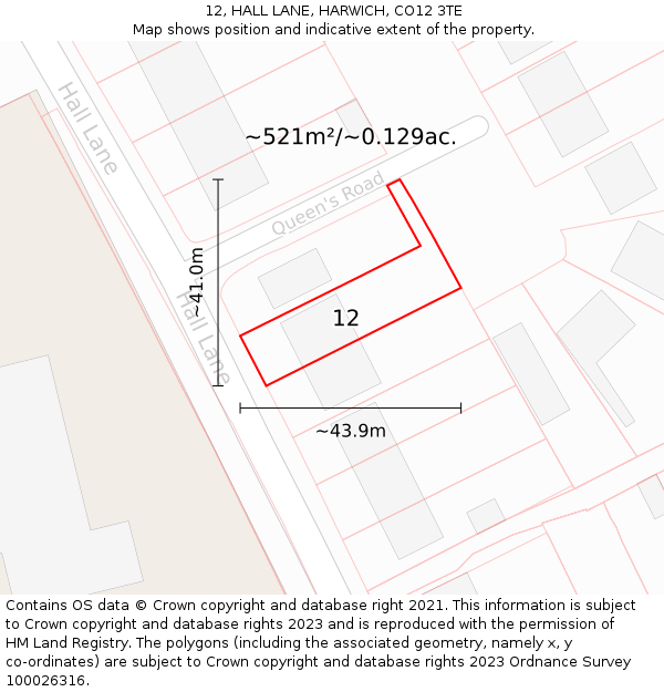 12, HALL LANE, HARWICH, CO12 3TE: Plot and title map