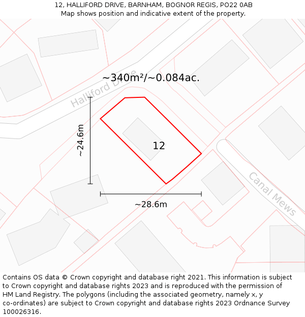 12, HALLIFORD DRIVE, BARNHAM, BOGNOR REGIS, PO22 0AB: Plot and title map