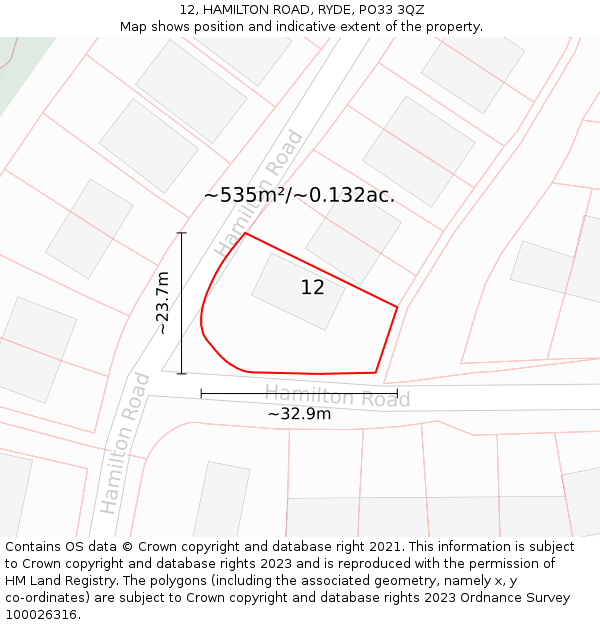 12, HAMILTON ROAD, RYDE, PO33 3QZ: Plot and title map