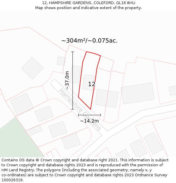 12, HAMPSHIRE GARDENS, COLEFORD, GL16 8HU: Plot and title map