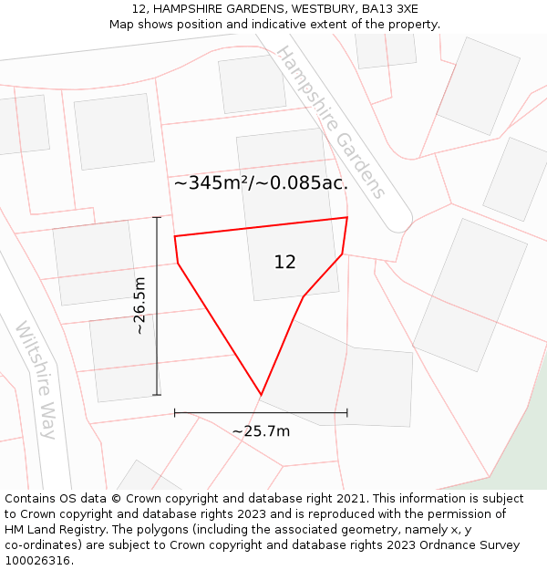 12, HAMPSHIRE GARDENS, WESTBURY, BA13 3XE: Plot and title map