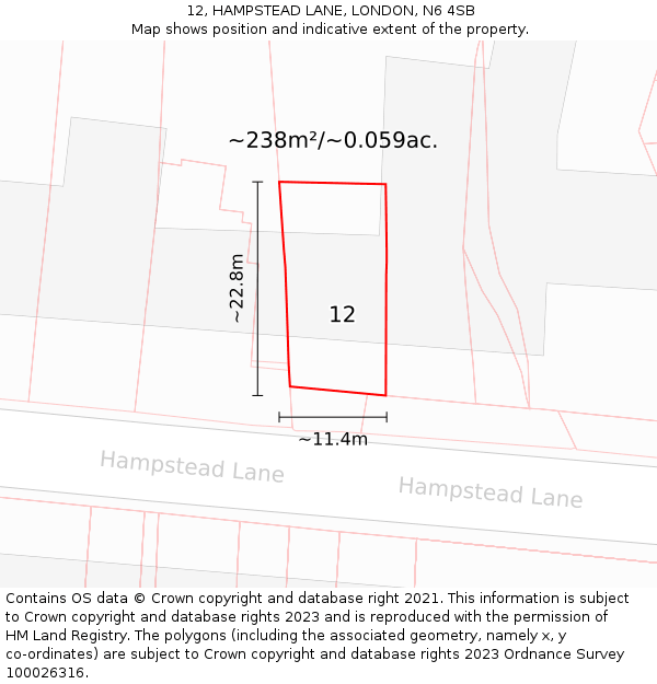 12, HAMPSTEAD LANE, LONDON, N6 4SB: Plot and title map