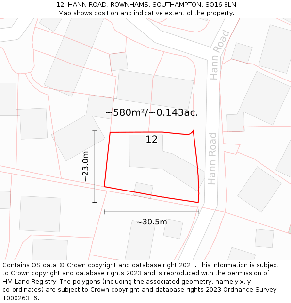 12, HANN ROAD, ROWNHAMS, SOUTHAMPTON, SO16 8LN: Plot and title map