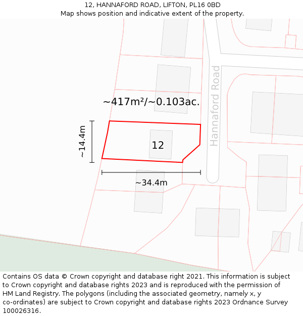 12, HANNAFORD ROAD, LIFTON, PL16 0BD: Plot and title map