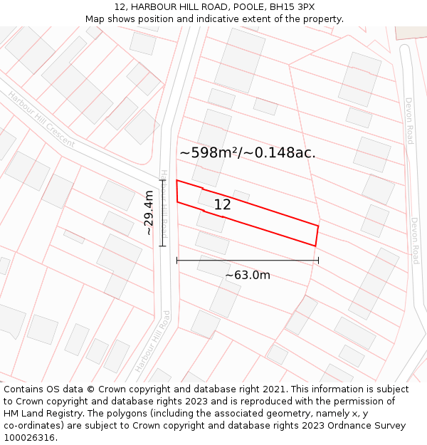 12, HARBOUR HILL ROAD, POOLE, BH15 3PX: Plot and title map