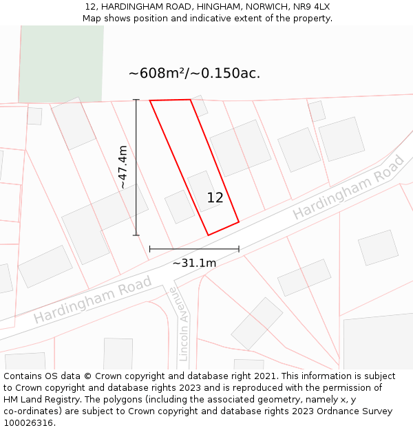 12, HARDINGHAM ROAD, HINGHAM, NORWICH, NR9 4LX: Plot and title map