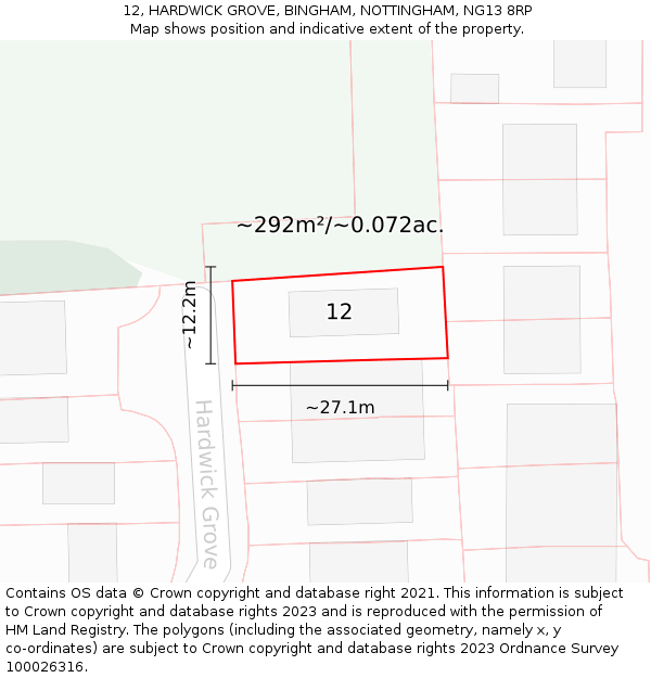 12, HARDWICK GROVE, BINGHAM, NOTTINGHAM, NG13 8RP: Plot and title map