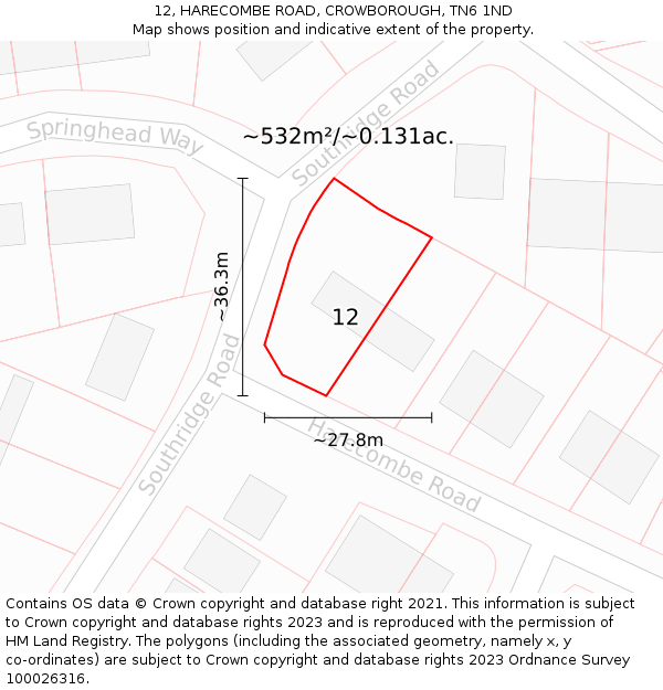 12, HARECOMBE ROAD, CROWBOROUGH, TN6 1ND: Plot and title map