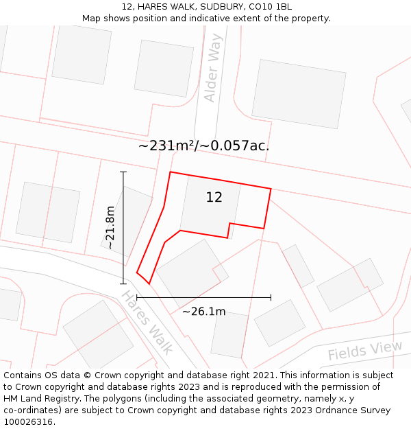 12, HARES WALK, SUDBURY, CO10 1BL: Plot and title map