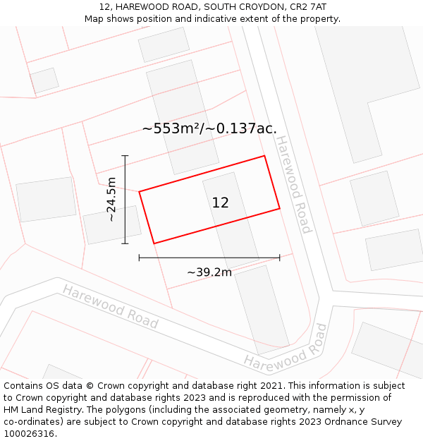 12, HAREWOOD ROAD, SOUTH CROYDON, CR2 7AT: Plot and title map