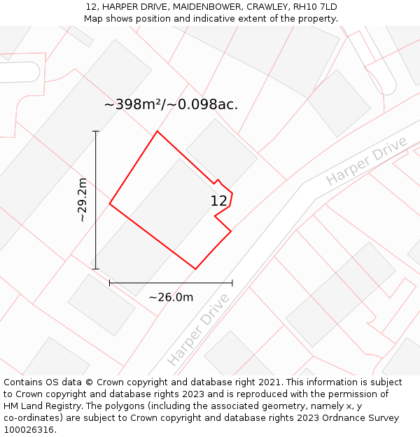 12, HARPER DRIVE, MAIDENBOWER, CRAWLEY, RH10 7LD: Plot and title map