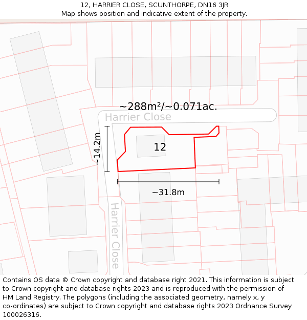 12, HARRIER CLOSE, SCUNTHORPE, DN16 3JR: Plot and title map