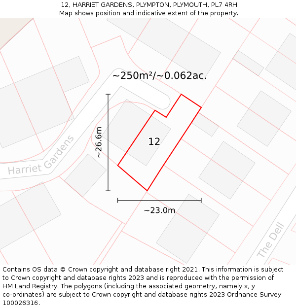 12, HARRIET GARDENS, PLYMPTON, PLYMOUTH, PL7 4RH: Plot and title map