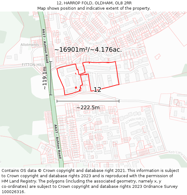 12, HARROP FOLD, OLDHAM, OL8 2RR: Plot and title map