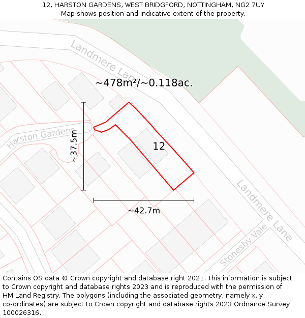 12, HARSTON GARDENS, WEST BRIDGFORD, NOTTINGHAM, NG2 7UY: Plot and title map