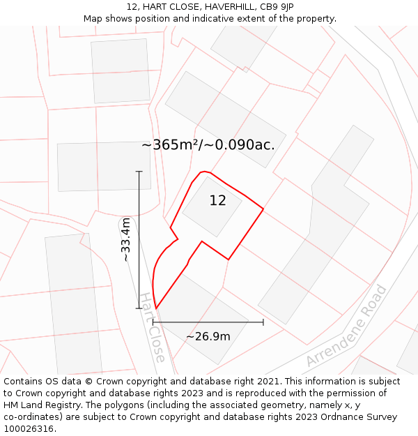 12, HART CLOSE, HAVERHILL, CB9 9JP: Plot and title map