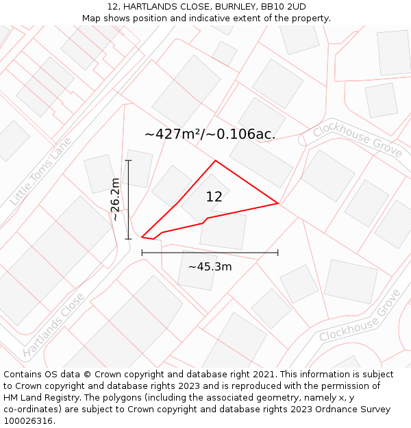 12, HARTLANDS CLOSE, BURNLEY, BB10 2UD: Plot and title map