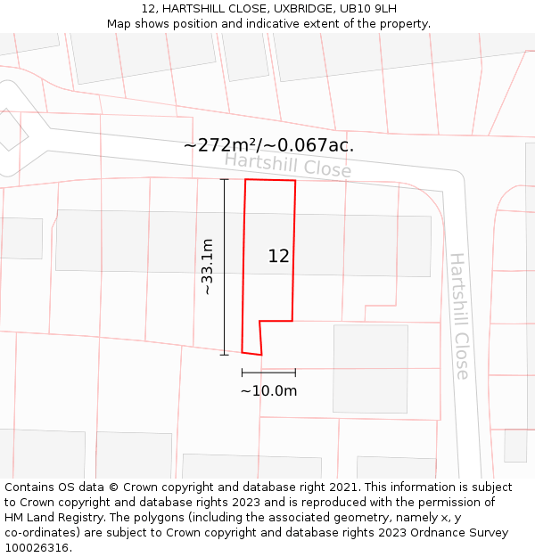 12, HARTSHILL CLOSE, UXBRIDGE, UB10 9LH: Plot and title map