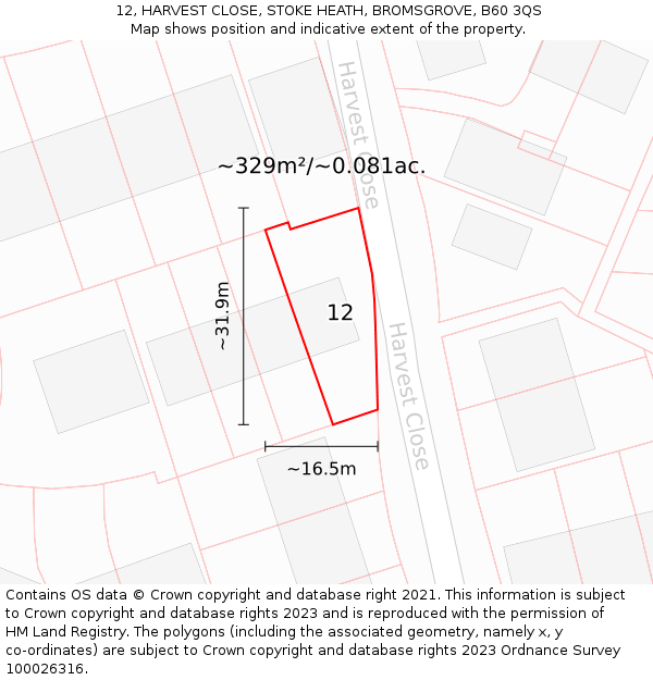 12, HARVEST CLOSE, STOKE HEATH, BROMSGROVE, B60 3QS: Plot and title map