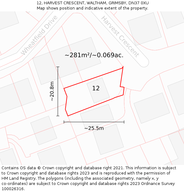 12, HARVEST CRESCENT, WALTHAM, GRIMSBY, DN37 0XU: Plot and title map