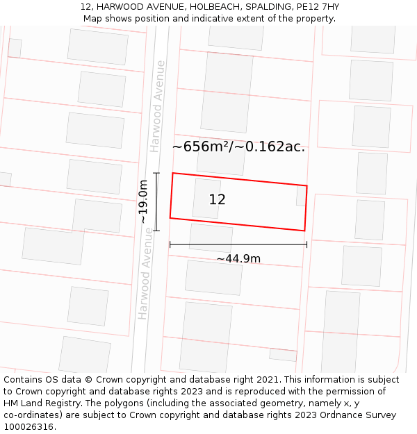 12, HARWOOD AVENUE, HOLBEACH, SPALDING, PE12 7HY: Plot and title map