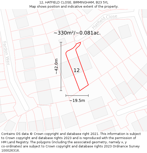 12, HATFIELD CLOSE, BIRMINGHAM, B23 5YL: Plot and title map