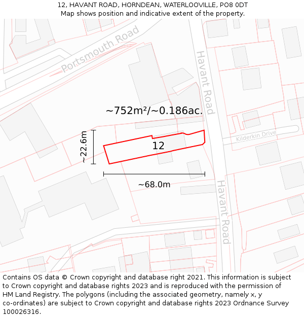 12, HAVANT ROAD, HORNDEAN, WATERLOOVILLE, PO8 0DT: Plot and title map