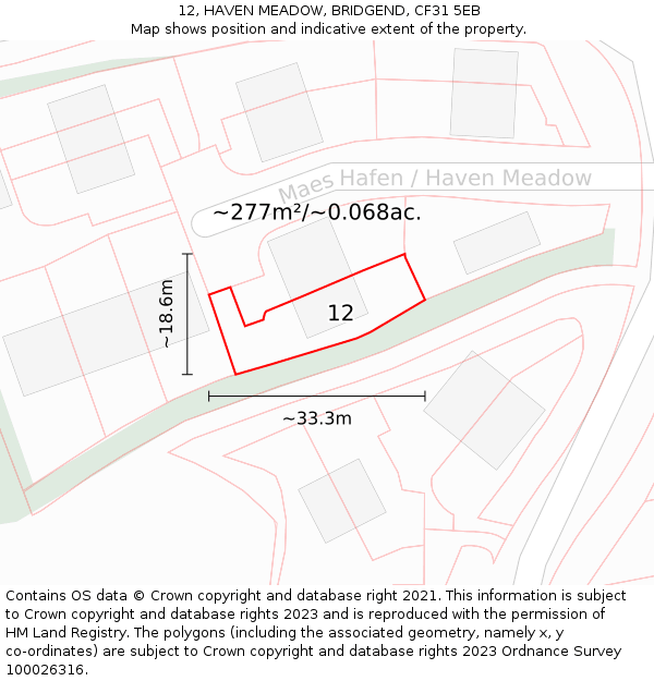 12, HAVEN MEADOW, BRIDGEND, CF31 5EB: Plot and title map