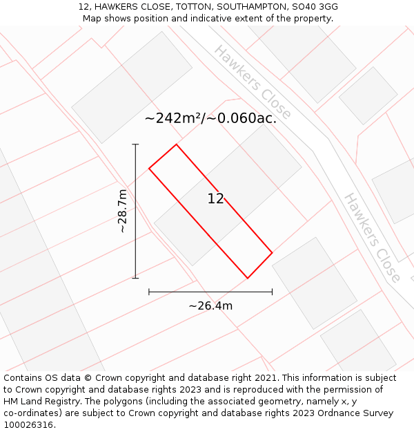 12, HAWKERS CLOSE, TOTTON, SOUTHAMPTON, SO40 3GG: Plot and title map