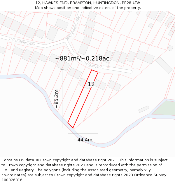 12, HAWKES END, BRAMPTON, HUNTINGDON, PE28 4TW: Plot and title map