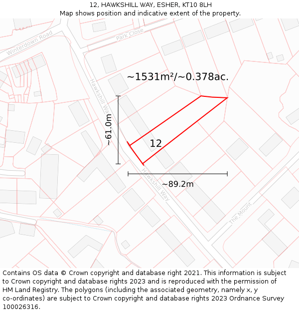 12, HAWKSHILL WAY, ESHER, KT10 8LH: Plot and title map