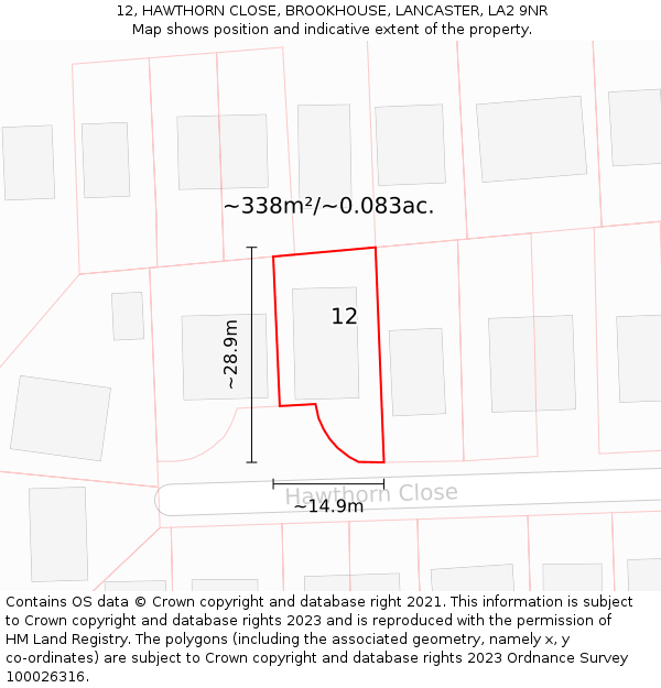 12, HAWTHORN CLOSE, BROOKHOUSE, LANCASTER, LA2 9NR: Plot and title map