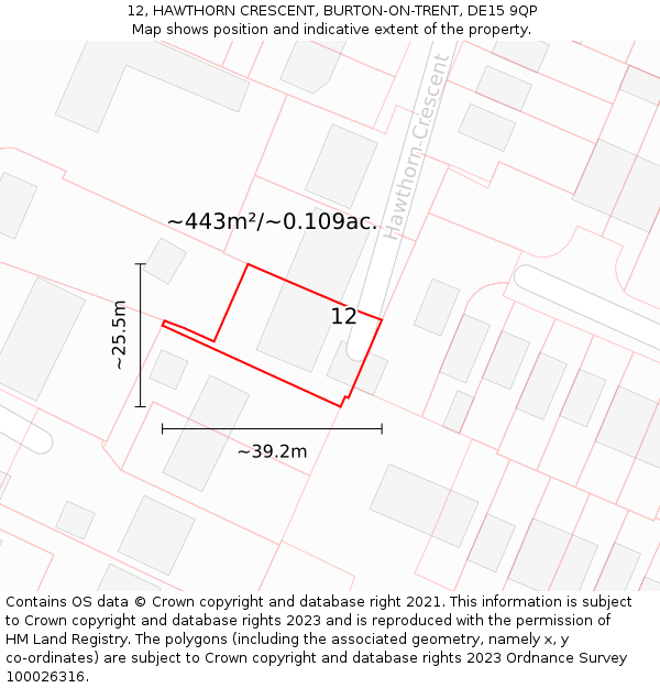 12, HAWTHORN CRESCENT, BURTON-ON-TRENT, DE15 9QP: Plot and title map