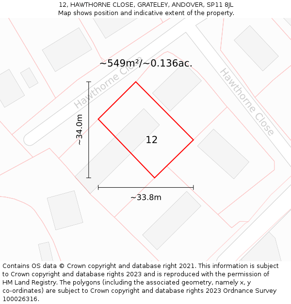 12, HAWTHORNE CLOSE, GRATELEY, ANDOVER, SP11 8JL: Plot and title map