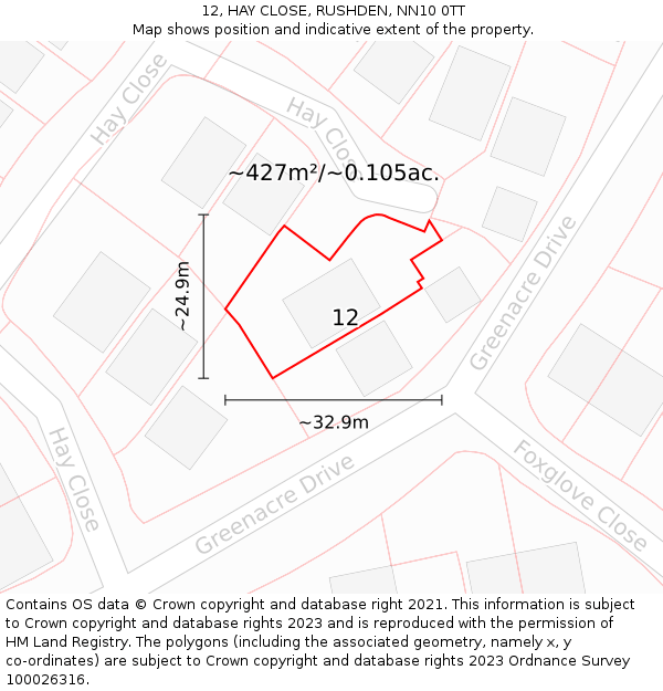 12, HAY CLOSE, RUSHDEN, NN10 0TT: Plot and title map