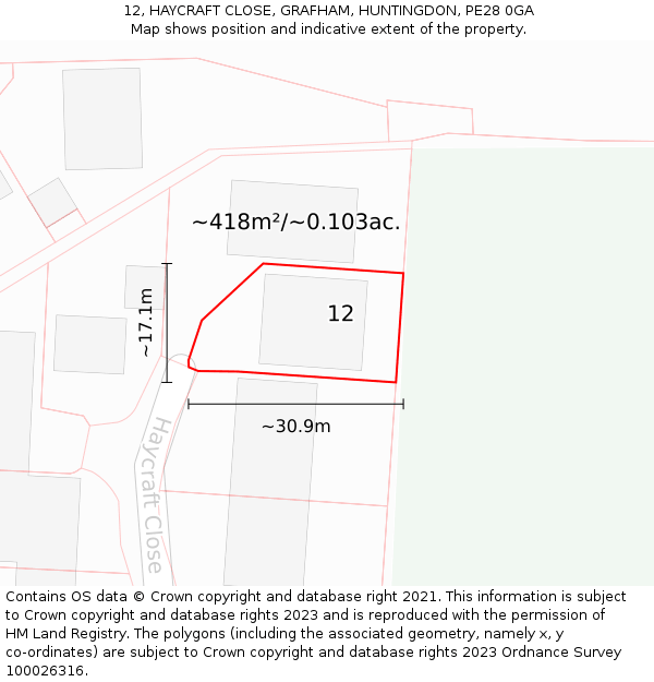 12, HAYCRAFT CLOSE, GRAFHAM, HUNTINGDON, PE28 0GA: Plot and title map