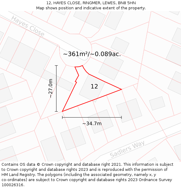 12, HAYES CLOSE, RINGMER, LEWES, BN8 5HN: Plot and title map