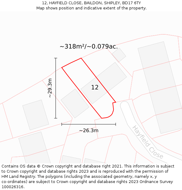 12, HAYFIELD CLOSE, BAILDON, SHIPLEY, BD17 6TY: Plot and title map