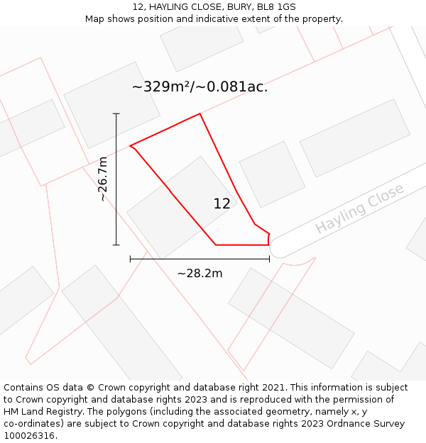 12, HAYLING CLOSE, BURY, BL8 1GS: Plot and title map