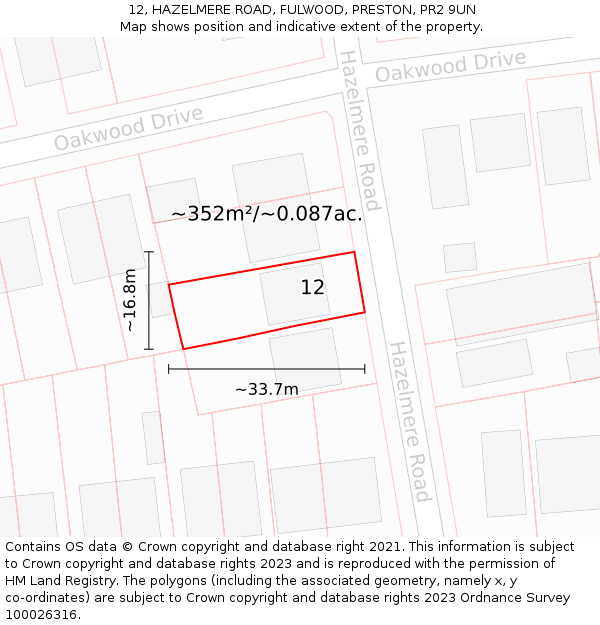 12, HAZELMERE ROAD, FULWOOD, PRESTON, PR2 9UN: Plot and title map