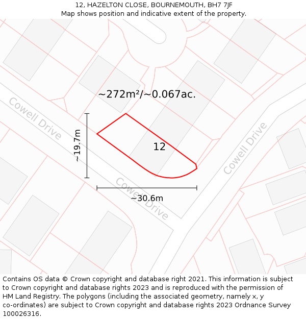 12, HAZELTON CLOSE, BOURNEMOUTH, BH7 7JF: Plot and title map