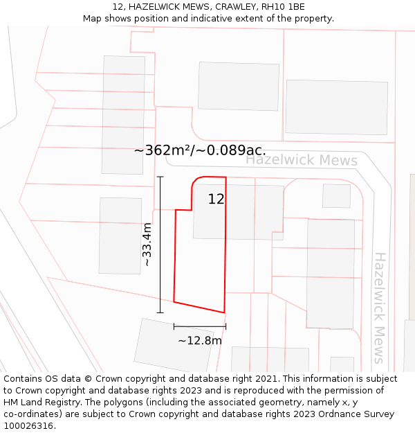 12, HAZELWICK MEWS, CRAWLEY, RH10 1BE: Plot and title map
