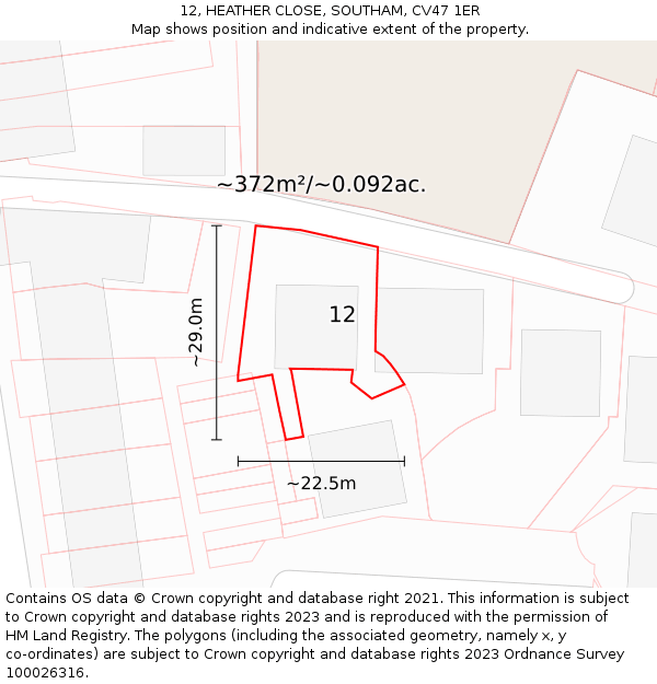 12, HEATHER CLOSE, SOUTHAM, CV47 1ER: Plot and title map