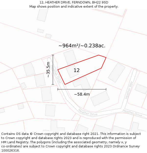 12, HEATHER DRIVE, FERNDOWN, BH22 9SD: Plot and title map