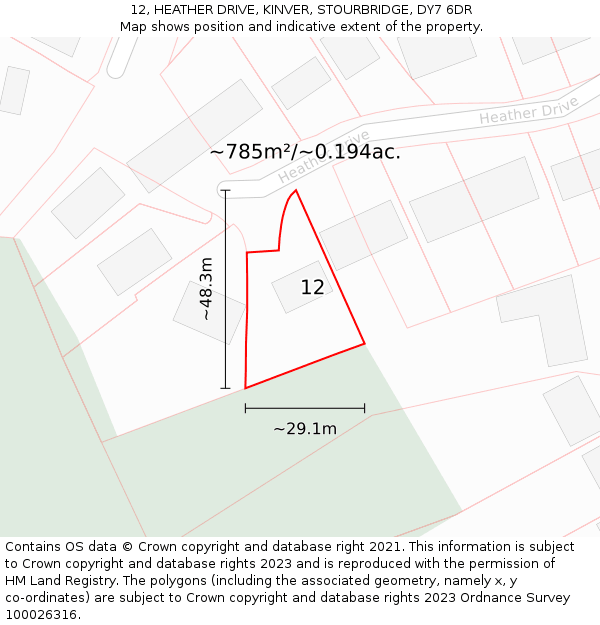 12, HEATHER DRIVE, KINVER, STOURBRIDGE, DY7 6DR: Plot and title map